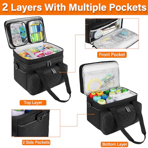 Double Layer Sewing Organizer Bag with Shoulder Strap, Black - color: Black