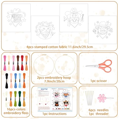 BEUNITONE 4 Set Embroidery Kit for Beginners, Animal Cowboy Patterns Cross Stitch Kits, Needlepoint Kits for Adults with Hoop, Cute Hand Embroidery Patterns for Cloth and Home Decor - style: A-Cowboy Animals