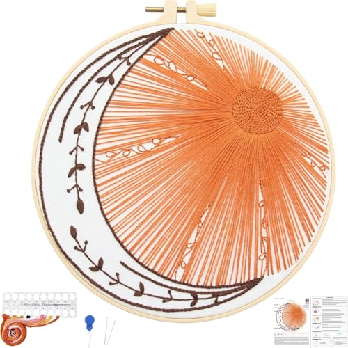 Crafmanoe Hand Embroidery Kits for Beginners Adults, Sun Moon Embroidery Starter Kits, Stamped Cross Stitch Kits DIY Needlepoint Kit for Beginners Adults, Embroidery Hoop, Thread and Video Tutorial - color: H2078