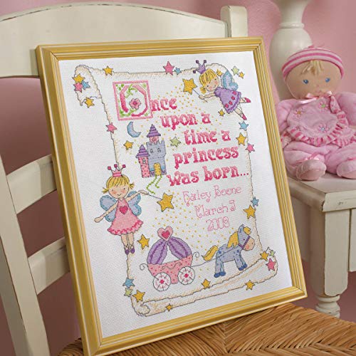 Bucilla Counted Cross Stitch Birth Record Kit, 10 by 13-Inch, 45328 Princess, Pink