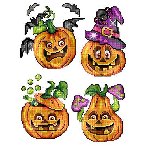 Counted Cross-Stitch Kit on Plastic Canvas with Halloween Pumpkins. 4 Allhallows Eve Ornaments Different Dimensions. 14 Count Plastic Canvas Sheets 8.27x11.02 Inches. Perfect for Art & Craft Amateurs - color: multicolored