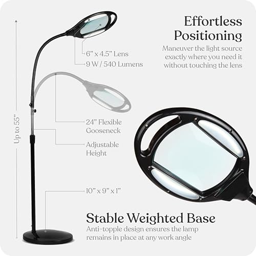 Brightech LightView Pro Magnifying Floor Lamp - Hands Free Magnifier with Bright LED Light for Reading - Work Light with Flexible Gooseneck - Standing Mag Lamp - color: Black, size: 5 Diopter (2.25x)