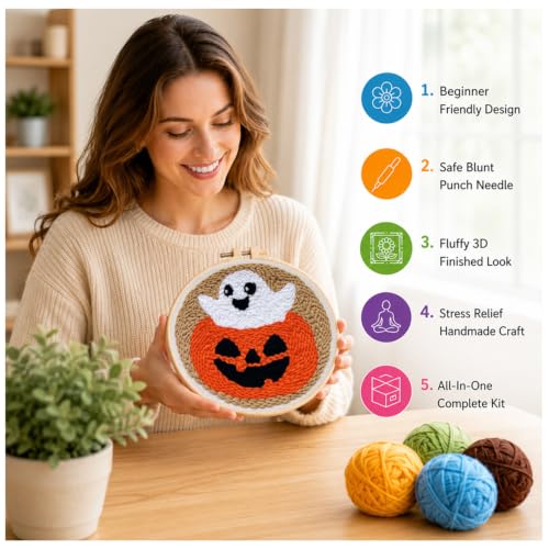 Punch Needle Kit for Beginners Adults-Pumpkin Ghost, with Embroidery Hoop - color: Punch Needle kit-Pumpkin Ghost