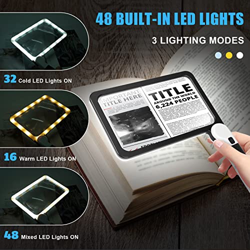 5X Handheld Magnifier for Page Reading - Large Folding Lighted Magnifier with 48 LED Lights (3Modes), Rectangular Handhold Magnify Lens Gifts for Reading Small Prints, Low Vision, Seniors - style: Full-Page Black