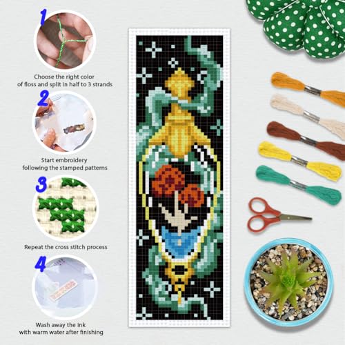 BEUNITONE 6 Pcs Cross Stitch Bookmark Kit for Beginner Magic Stamped Cross Stitch Kit for Adults Printed Embroidery Bookmarks Kits with Instruction for DIY Crafts Book Lovers 8.5''x3'' - style: Magic Element