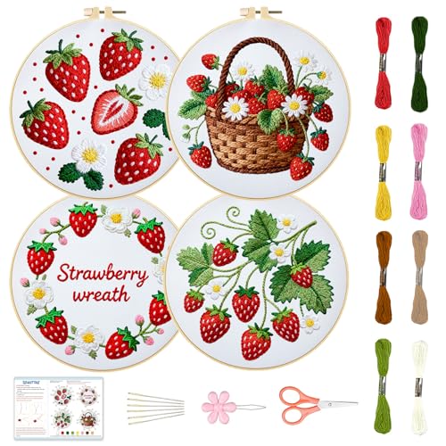 BEUNITONE 4 Set Strawberry Embroidery Kit for Adult Beginners 7.9"x7.9" DIY Stamped Needlepoint Kits with Pre-Printed Designs, Complete Handmade Embroidery Craft for Relaxing Hobby and Home Decor - style: B-Strawberry