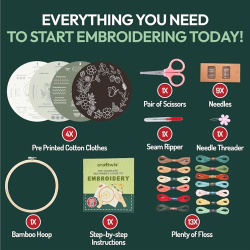 Craftwiz Embroidery Kit for Beginners, 4 Patterns, Learn 31 Stitches
