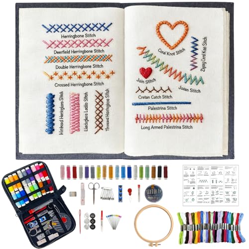 JINSILU Beginner Embroidery Stitch Book Kit, 86-Piece Set, 24 Colors