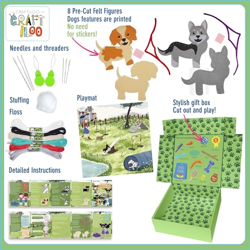 CRAFTILOO 8 Pre-Cut Dogs Stuffed Animal Fun Kids Sewing Kit for Kids Ages 8-12 Children Beginners Sewing kit Kid Puppy Crafts Felt Pillow Plush Craft Kit Girls and Boys - color: Emma & Kate's Dog Walking Services