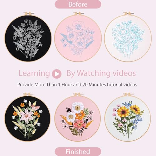 FEIYUENO 3 Sets Flowers Embroidery Kit for Beginner Adults (Floral) - color: Floral