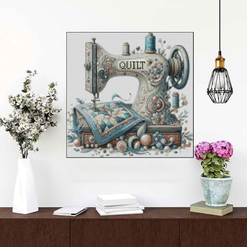 Sewing Machine Stamped Cross Stitch Kits - Vintage Sewing Machine Counted Cross Stitch Kits for Adults, Needlepoint Cross-Stitch Patterns Dimensions Needlecrafts Embroidery Kits 13.7x13.7 Inches - color: D019