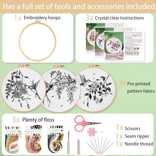 Ohcol 3 Sets Hummingbird Embroidery Kit for Beginners Needlepoint Kits for Adults Cross Stitch Kits with Clear Instructions,Easy Funny Stamped Bird Patterns Fabric Hand Crafts - color: Q-Hummingbird (3 Patterns, 1 Hoop + Extas)
