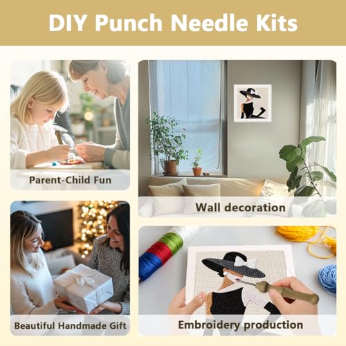 DOODLREAM Elegant Lady Needle Kit for Beginner, 9.4"x 9.4" Fashion Hat Punch Stitching Craft Set, DIY Embroidery Starter with Printed Frame, Instruction, Threader, Yarn, Pinch Needle - color: Elegant Lady
