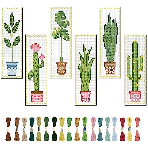 FREEBLOSS 6 Set Cross Stitch Bookmark Kit Green Plants 8 * 2.4'' 11CT - style: Potting