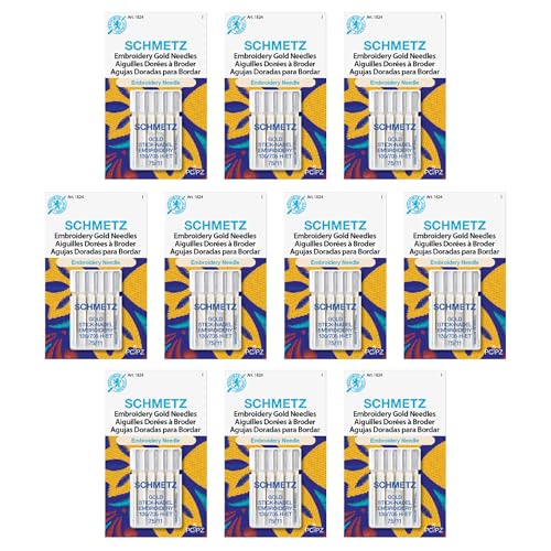 SCHMETZ Gold Embroidery Sewing Machine Needles - Titanium Coated for Smooth Stitching, Size 75/11, 5-Needle Cards, Box of 10 - size: 75/11