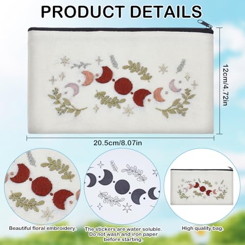 WEBEEDY 3 Sets DIY Embroidery Zipper Pouch Kit Include Moon Pattern,Embroidery Hoop,Color Threads and Tool for Beginners,Handmade Sewing Canvas Makeup Bag Cosmetic Bag for Adults