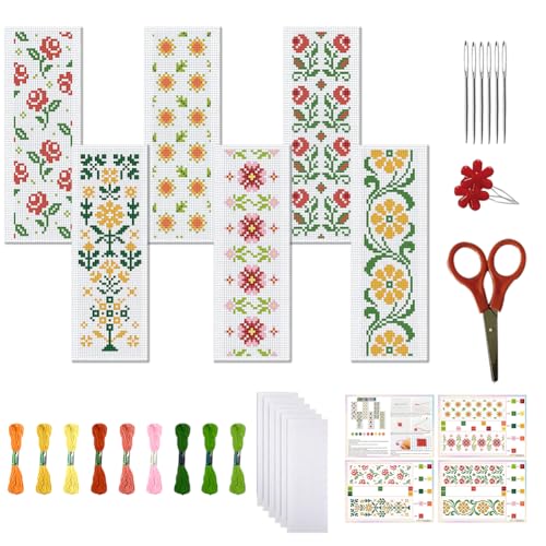 FREEBLOSS 6 Set Cross Stitch Bookmark Kits 11CT 8"x2.4" Flower and Leaves - style: Simple flower branches