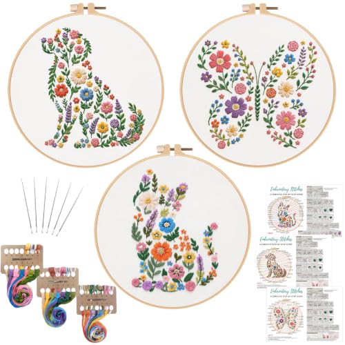 Nuberlic 3 Pack Embroidery Kit for Beginners with Animal Floral Patterm - color: animal floral