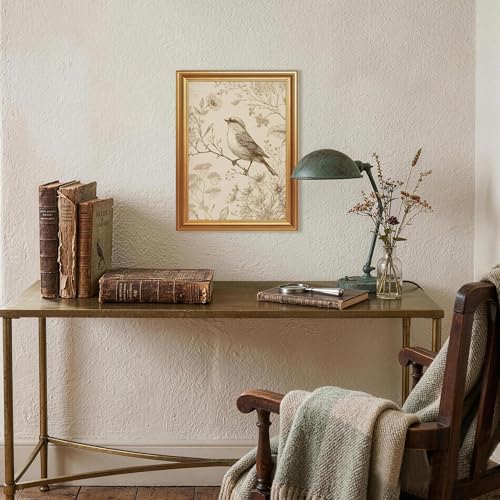 Wojuin Antique Style Sparrow Floral Etching Framed Canvas Wall Art 12x16 in - color: Sparrow, size: 16"L x 12"W