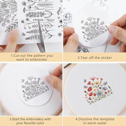 Floral Water Soluble Embroidery Patterns, 5 Sheets Stick and Stitch Embroidery Papers Wash Away, Transfer Paper with Pre-Printed Flower Leaves Designs Customized Gifts for Hand Sewing Lovers Beginners - size: Flower A