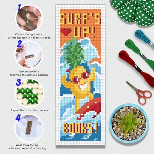 BEUNITONE 6 Pcs Cute Animals Cross Stitch Bookmark Kit for Beginner Adults DIY Beach Stamped Embroidery Bookmark Kits with Instruction for Starters Printed Cross Stitch Kits for Book Lover 8''x2.4'' - style: Fun Seaside