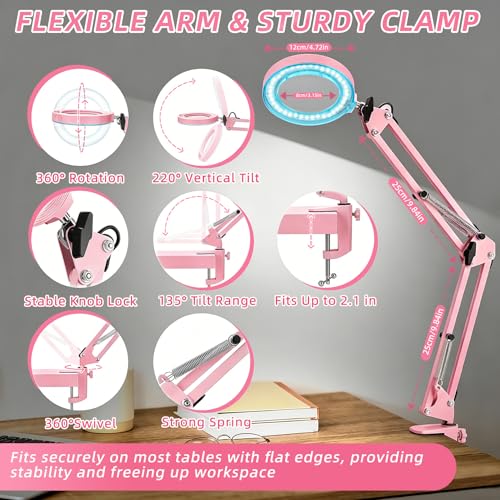 10X Magnifying Glass with Light and Stand,Hands-Free Desk Magnifier - color: Pink Magnifying Glasses With Light