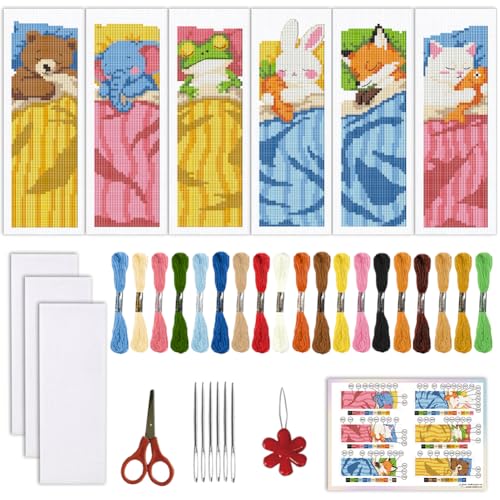 ORIGACH 6 Set Sleepy Animal Friends Cross Stitch Bookmark Kit for Beginner - style: Sleepy Friends