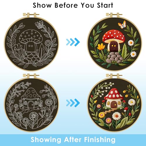 ERKOON Embroidery Kit for Beginners, 2 Set Flower Cross Stitch Set Include Embroidery Cloth Hoops Threads for Craft Lover Hand Stitch with Embroidery Skill Techniques (Mushroom) - color: Mushroom