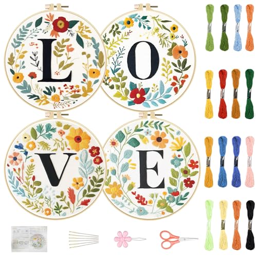 FREEBLOSS 4 Sets 11.6" Embroidery Kit for Beginners Needlepoint Embroidery Starter Kit with Flower Stamped Patterns, Instructions, Colored Threads, 2 Hoops - style: Love Flower
