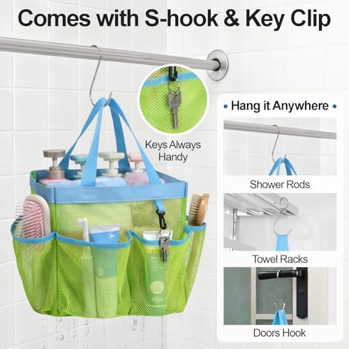 Mesh Shower Caddy Portable - 8 Pockets, S-Hook, Shower Bag for Dorm Camping - color: 1 Pack Fluorescent Green, size: L (Classic Dorm Caddy)