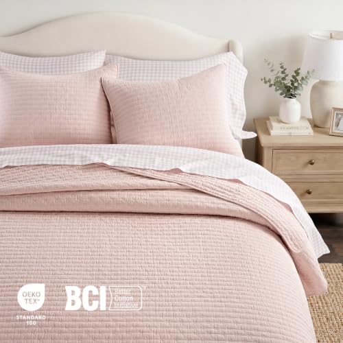 EVERGRACE 100% Cotton Cross Stitch 3-Piece Quilt Set, Queen, Ballet Pink - color: Ballet Pink, size: Full/Queen (92" X 96")