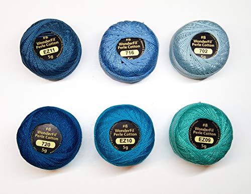 WonderFil Eleganza Size 8 Perle Cotton Embroidery Thread ''Sky and Sea'' Sampler Set - 6 Colors, 42 Yards Each
