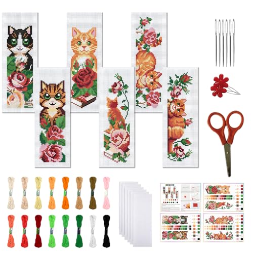FREEBLOSS 6 Set Cat Cross Stitch Bookmark Kits Rose Pattern Stamped Cross Stitch Kit DIY Embroidery Kit Bookmark Craft Kit with Instructions for Beginners 6x20cm - style: Cats&Flowers