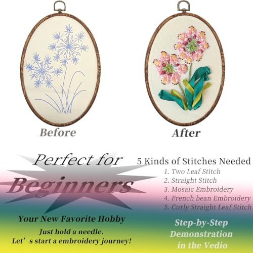 FONNUY Ribbon Embroidery 3D Flowers Pattern Design Kit Embroidery DIY Handwork Set Oval Home Decoration (Pink Crabapple) - style: Pink Crabapple
