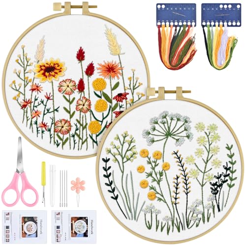 ERKOON Embroidery Kit for Beginners Adult, 2 Set Flower Cross Stitch Set Include Embroidery Cloth Hoops Threads for Craft Lover Hand Stitch with Embroidery Skill Techniques (Flowers and Plants) - color: Flowers and Plants