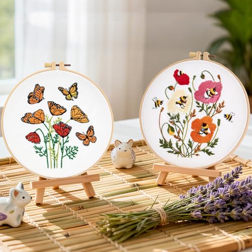 Flowers Embroidery Kits for Beginners Adults, Butterfly Hand Embroidery Starter Kits, Bee Cross Stitch Kits for Beginner Needlepoint DIY Kits for Adult, 2 Set Embroidery Hoops, Thread & Video Tutorial - color: Butterflies Flowers