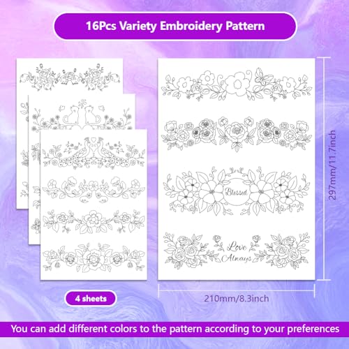 ORIGACH 4 Sheets 16 Pcs Water Soluble Pillowcase Embroidery Patterns Stabilizers - Pre-Printed Floral Vines & Animals Designs - Stick & Stitch Embroidery Paper for Hand Sewing Lovers - color: Floral Vines & Animals