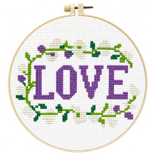 Zhenqing Love Word Cross Stitch Kit for Beginners, 11CT Printed 20x20cm with 16cm Hoop, Purple & Floral Embroidery Set(70835) - color: LOVE