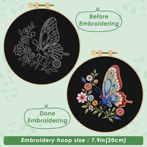 ERKOON Embroidery Kit for Beginners Adult, Cross Stitch Set Include Embroidery Cloth Hoop Threads for Craft Lover Hand Stitch with Embroidery Skill Techniques (Butterfly) - color: Butterfly