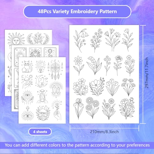 ORIGACH 4 Sheets Water Soluble Embroidery Patterns Stabilizers - Pre-Printed Mystical Divination Tarot & Floral Designs - Stick & Stitch Embroidery Paper for Hand Sewing Lovers - color: Mystical Divination Tarot & Floral