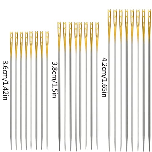 Fbshicung 24 Pieces Self Threading Needles Double Hole Needles, 6 Pieces Large Eye Stitching Needles Sewing Needles with 2 Pieces Wooden Needle Case Carving Pattern Case for Sewing Embroidery