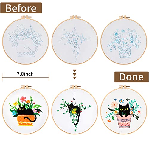 Nuberlic 3 Pack Embroidery Kit for Beginners with Cat Pattern - color: Cute Cat