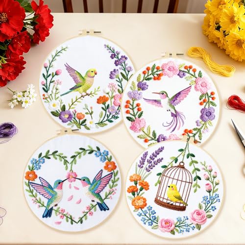 BEUNITONE 4 Set Wreath and Bird Pattern Embroidery Kit for Adult Beginners - style: A-Brids