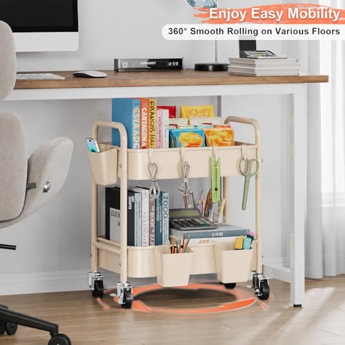 2 Tier Small Rolling Cart Metal with Wheels, 22 Inch Beige Under Desk Carts - color: Gentle‌ Beige, size: 2 Tier + Cups + Hooks