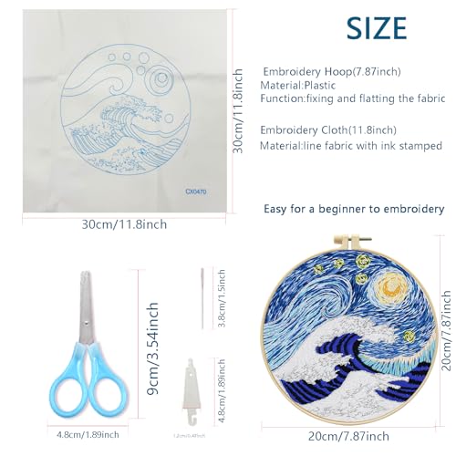Zhenqing Ocean Wave Embroidery Kit for Beginners, Starry Sky Needlework Kit with Pre-Printed Fabric, Hoop, Threads & Tools, Celestial Wall Decor (S-CX0470) - color: Wave & Starry Sky