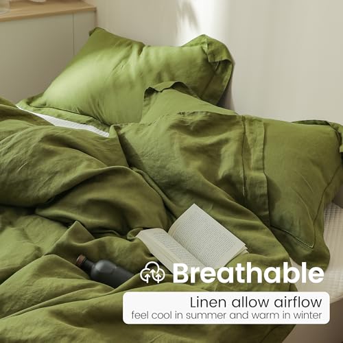 Simple&Opulence 100% French Linen Pillowcases with Embroidery – Pack of 2, Washed Solid Color Natural Flax, Soft & Breathable - Olive, 20'' x 26'' - color: Olive, size: Queen