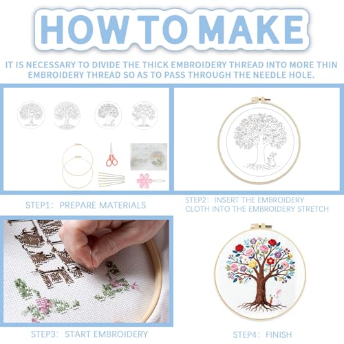 FREEBLOSS 4 Set Embroidery Kit Tree of Life Stamped Embroidery Starter Kit with Step by Step Instructions, Colored Threads, 2 Hoops, Needlepoint Kits for Hand Craft Lovers Gift, 30cm/11.8inch - style: Life Tree