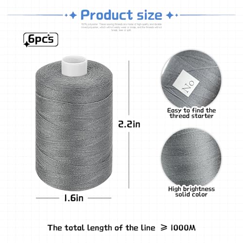 Gray Thread for Sewing, 6 Spools of 1000 Yards Polyester Quilting Thread - color: SmokyGray+LightGray