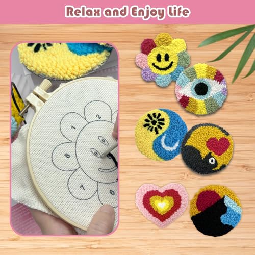SEREDH Punch Needle Coasters Kit for Beginners Adults Easy Needle Punch Embroidery Kit Set Threader Instruction Fabric Hoop Yarn Tufting Coaster DIY Making,Coaster Holder Coaster Art Craft Supplies - color: Rainbow