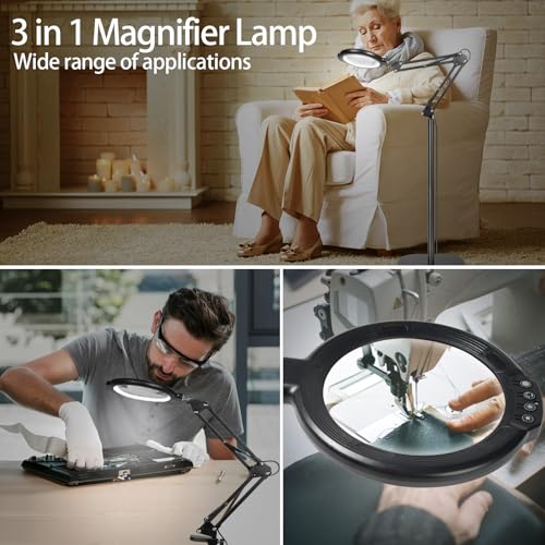 12X Large Magnifying Glass with Light and Floor Stand, 5.2" Floor Lamp - color: Matte Black